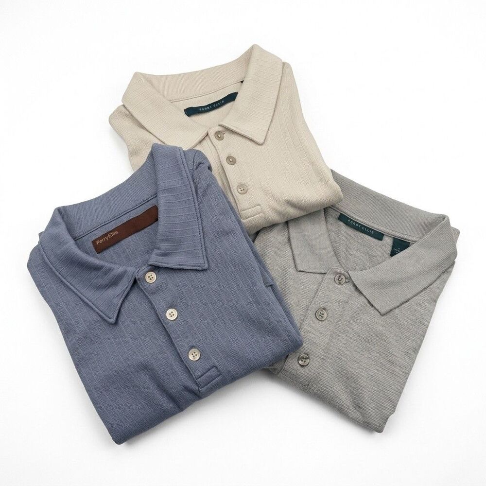 Perry Ellis Polo Shirt Lot of 3 Men's L Blue Gray Beige Textured Ribbed Knit